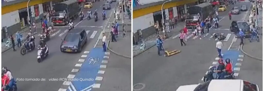 Carro arrolla a dos motocicletas en el centro de Armenia, dejando a un motociclista gravemente herido