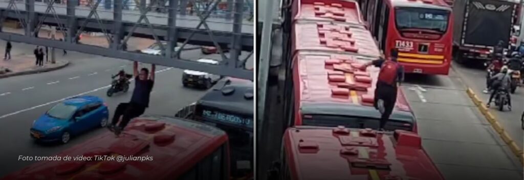 Subway Surfers en Bogotá: hombre arriesga su vida saltando sobre buses de TransMilenio