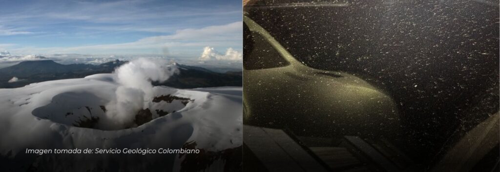 Caída de ceniza volcánica sobre vehículos y calles de Manizales y obliga la limpieza de la pista del aeropuerto