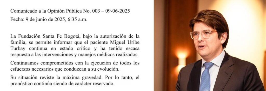 Miguel Uribe permanece en estado crítico tras más de 36 horas de intervenciones médicas
