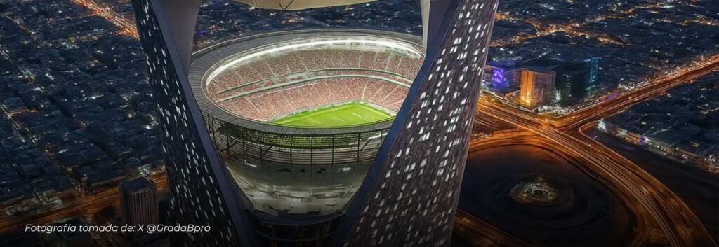 Arabia Saudí eleva el fútbol: así será el impresionante “Estadio Sky” del Mundial 2034 suspendida a 350 metros de altura