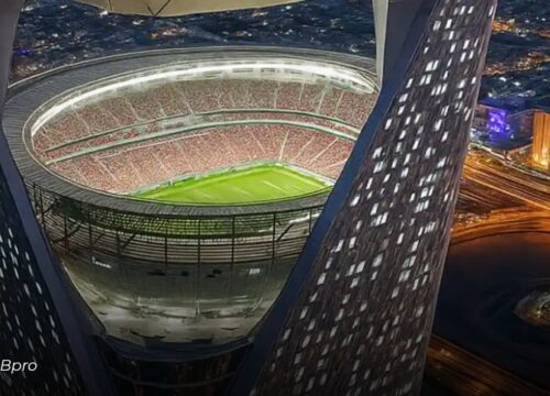 Arabia Saudí eleva el fútbol: así será el impresionante “Estadio Sky” del Mundial 2034 suspendida a 350 metros de altura