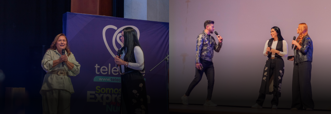 Presentadores, gerente del canal Telecafée Amanda Jaimes Mendoza y la ministra TIC Carina Murcia Yela