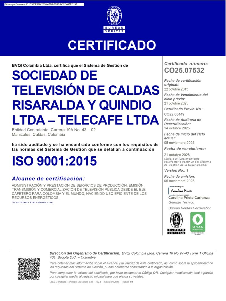 Telecafé renueva su certificación en la norma ISO 9001:2015 y reafirma su compromiso con la calidad en la televisión pública